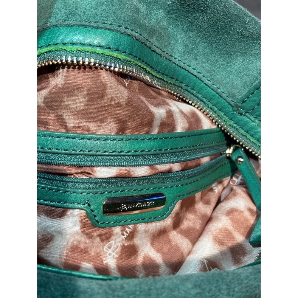 B. Makowsky Green Leather Suede Hobo Shoulder Bag Leopard Print Lining Gold Tone